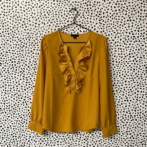 J Crew Mustard Yellow Ruffle Front Blouse - Picture 2 of 8